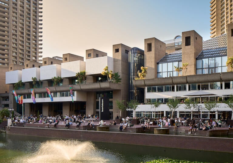 Lakeside terrace view of Barbican Centre, London, by photographer Dion Barrett